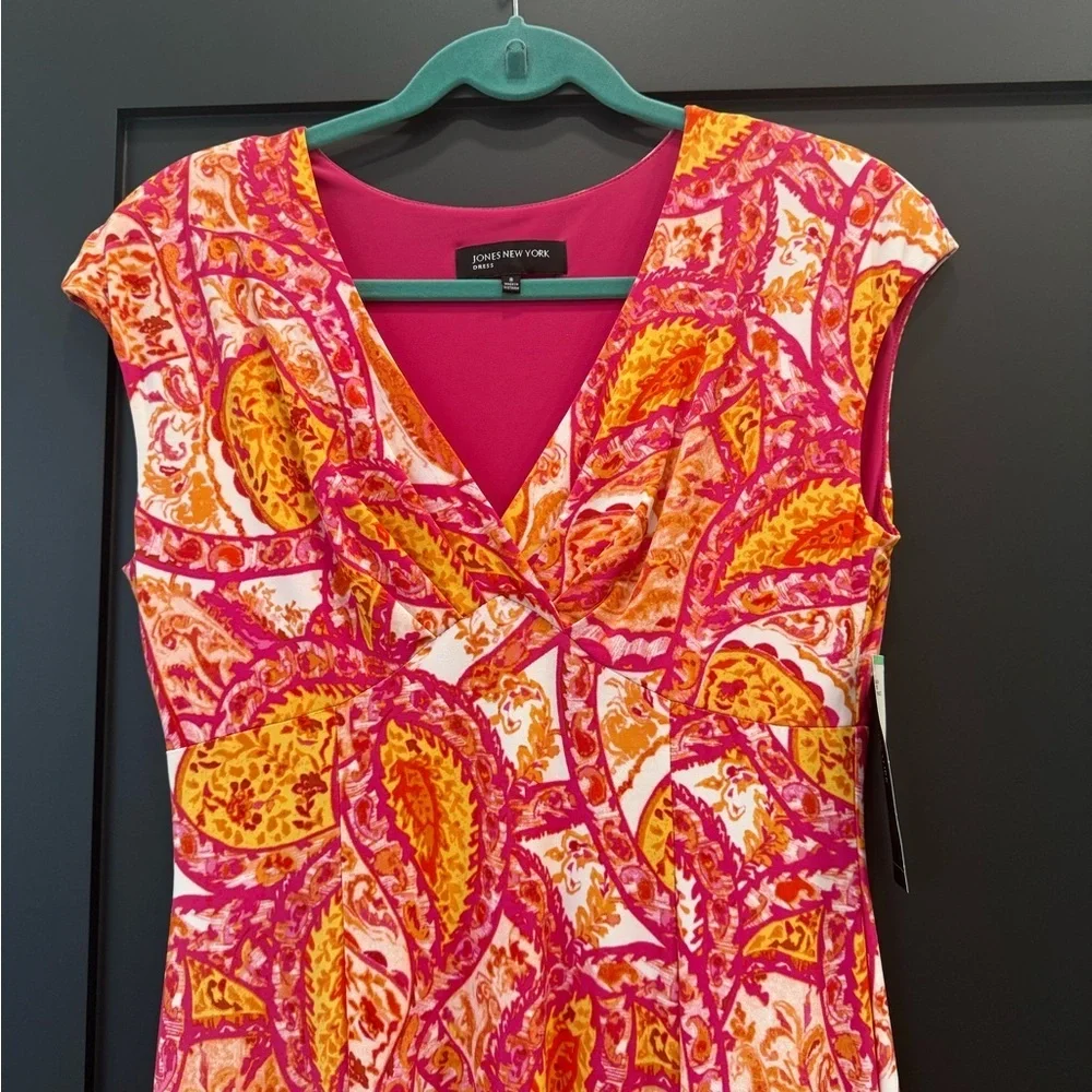 NWT Jones New York Fuchsia Pink and Orange Paisley Midi Dress Size 8 - Picture 5 of 13